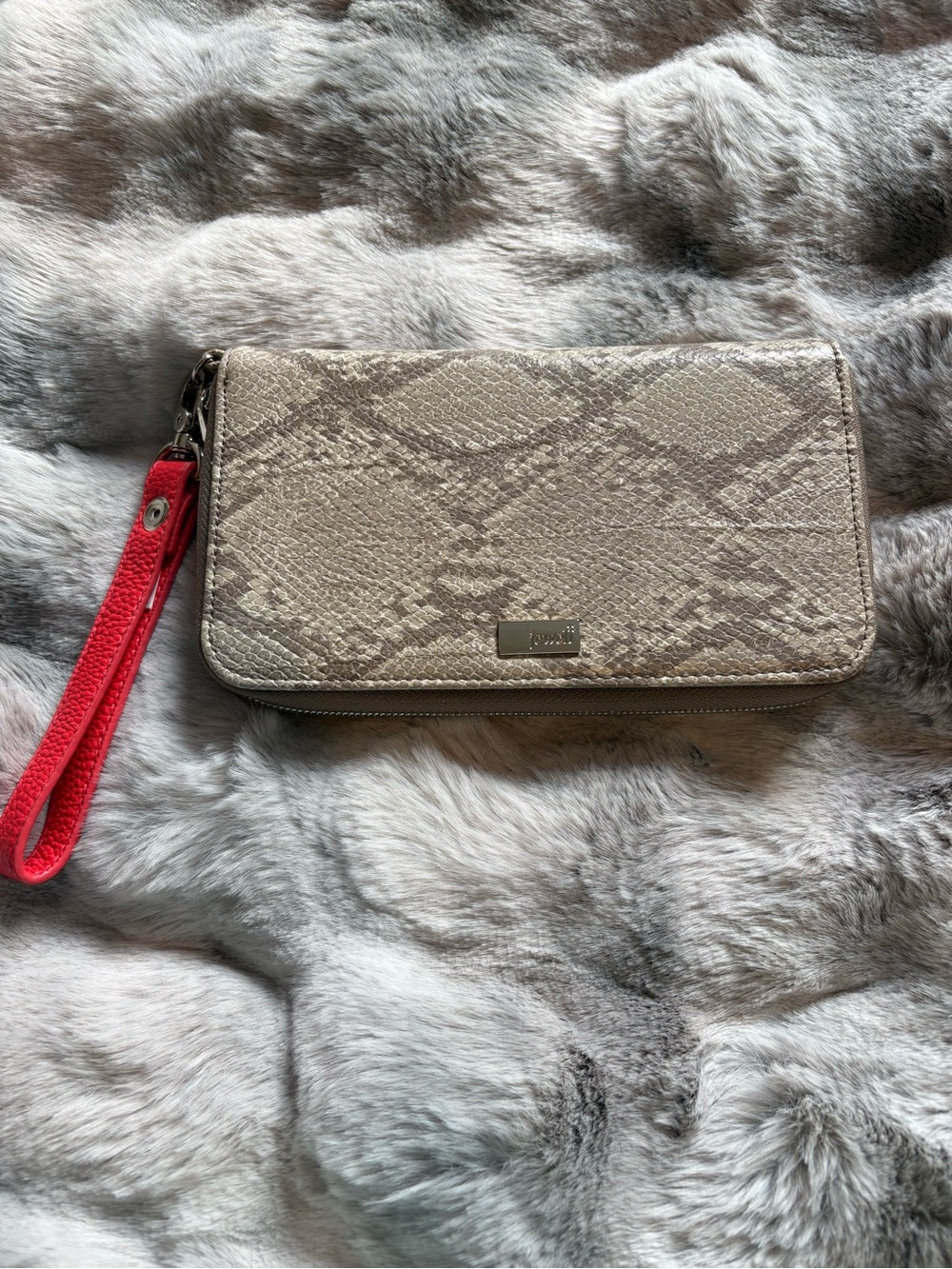 Stella & Dot Beige Snake-Print Wristlet with Red Strap